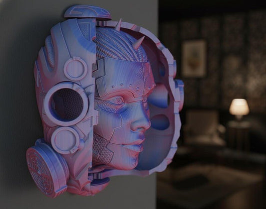 Esta impresionante escultura de cabeza impresa en 3D se abre para revelar una cara de androide oculta, perfecta para su pared o escritorio con el soporte incluido.