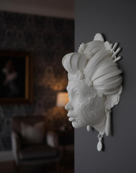 Escultura de pared de geisha, decoración japonesa impresa en 3D, busto de emperatriz ornamentado, decoración de fantasía para el hogar y la oficina, regalo geek único