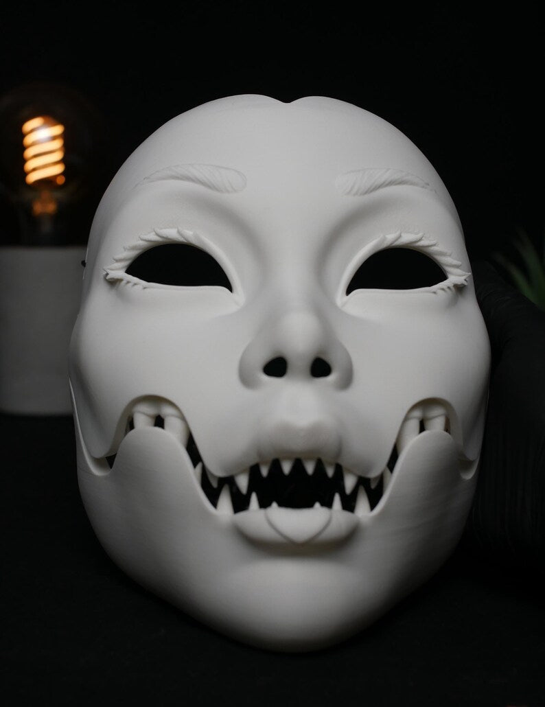 Máscara Cosplay Geisha Articulada - Mandíbula Móvil Teatral y Anime - Estilo Kitsune Noh - Máscara Fantasía Personalizable