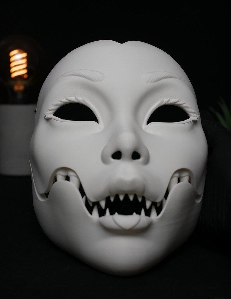 Máscara Cosplay Geisha Articulada - Mandíbula Móvil Teatral y Anime - Estilo Kitsune Noh - Máscara Fantasía Personalizable