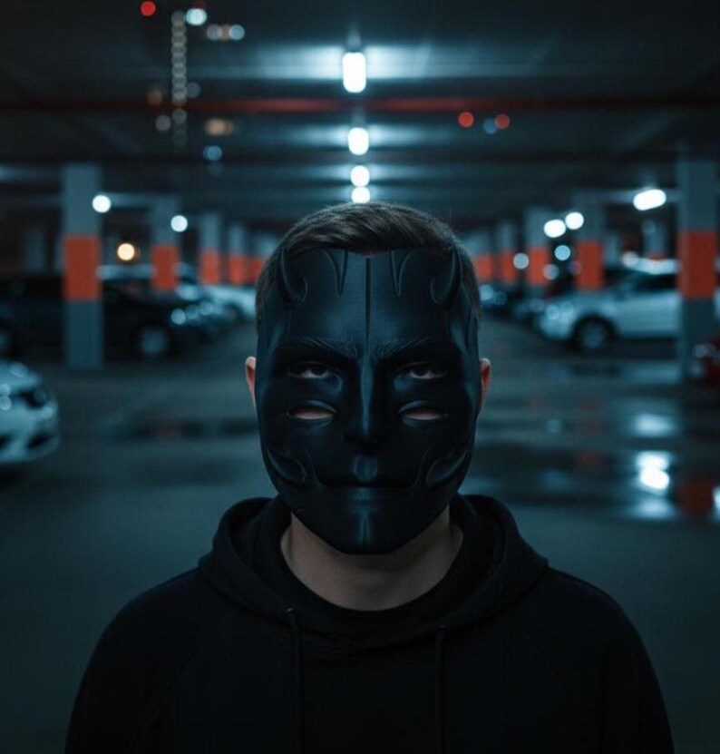 Hombre llevando la máscara de demonio negra articulada Argos en un garaje