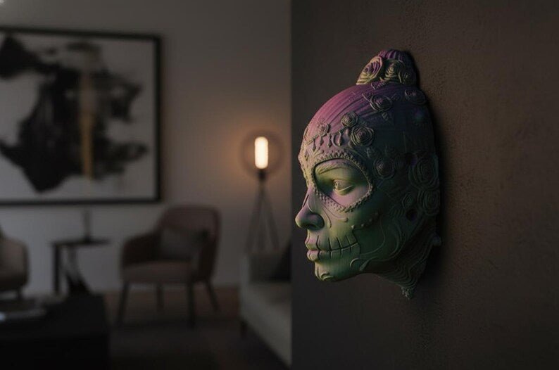 Decoración de pared con calavera de azúcar. Escultura colgante del Día de Muertos. Decoración de pared única impresa en 3D. Mural de arte popular moderno. Hogar gótico.