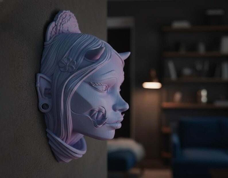 Busto de yokai japonés Kuchisake. Estatua para colgar en la pared o de escritorio. Decoración de demonio oni. Arte de terror gótico.