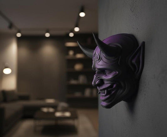 Arte mural con máscara de Oni, estatua de demonio japonés, escultura Yokai impresa en 3D, decoración gótica para el hogar, decoración de estanterías para salas de juegos