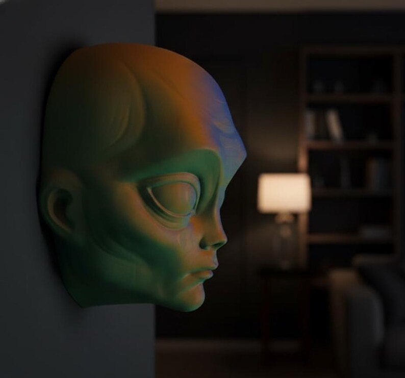 Arte de pared con cabeza de extraterrestre personalizada / Decoración de ciencia ficción impresa en 3D personalizada / Escultura extraterrestre / Regalo geek único / Oficina en casa
