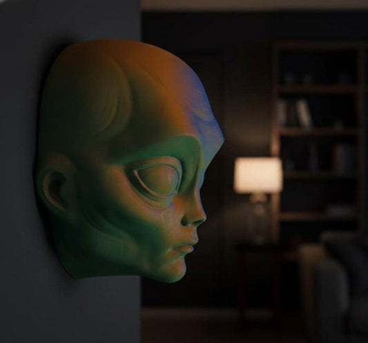 Arte de pared con cabeza de extraterrestre personalizada / Decoración de ciencia ficción impresa en 3D personalizada / Escultura extraterrestre / Regalo geek único / Oficina en casa