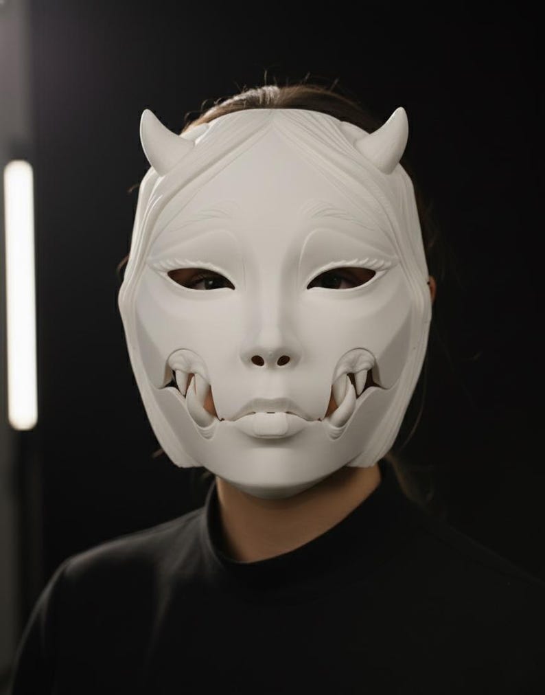 Máscara articulada de Kuchisake Onna mujer con boca cortada y cuernos de demonio Oni impresión 3D.