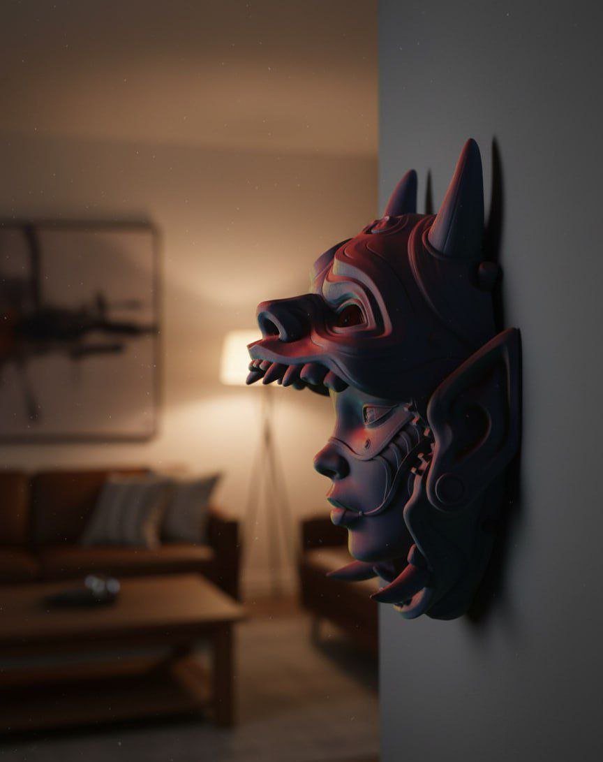 Máscara Oni articulada que revela el rostro de una geisha. Arte mural japonés impreso en 3D y decoración de escritorio con soporte.